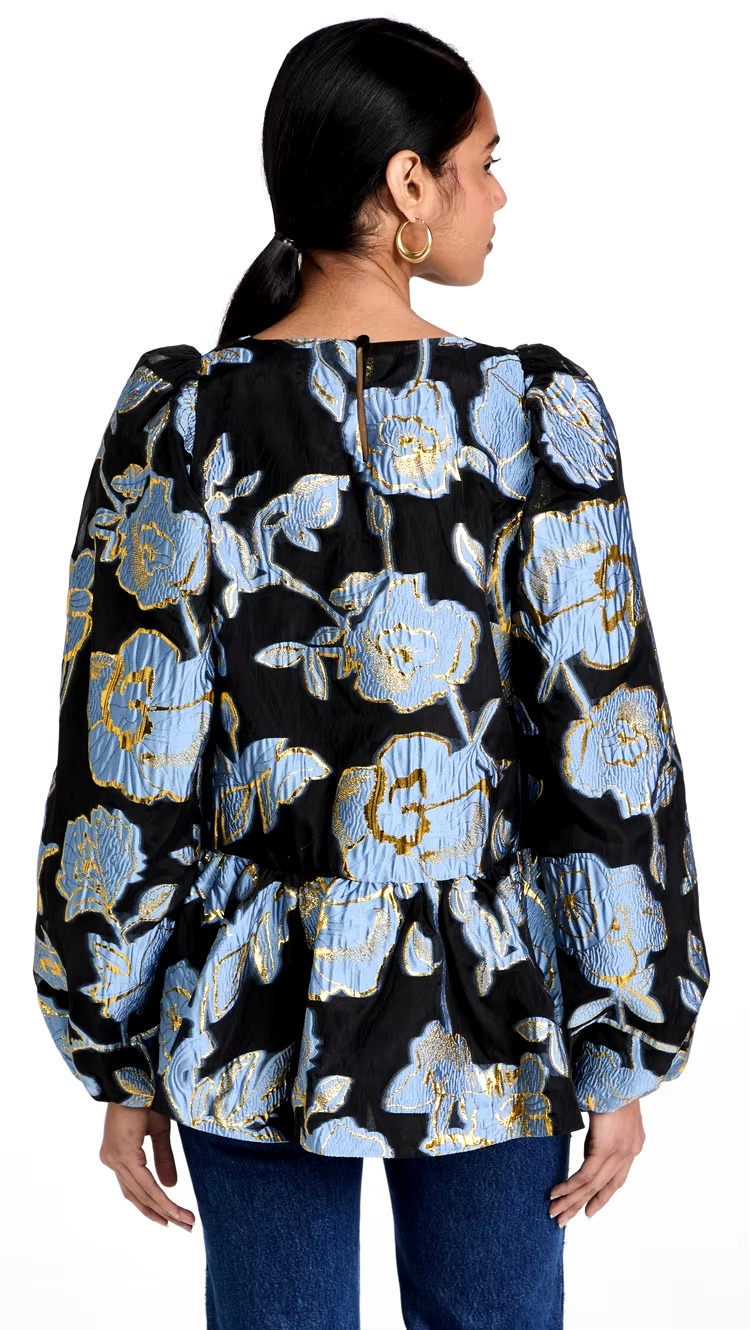 Elegant Floral Designers Metal Jacquard O Neck Ruches A-Line Oversized Peplum Blouse - Image 4