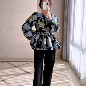 Elegant Floral Designers Metal Jacquard O Neck Ruches A-Line Oversized Peplum Blouse