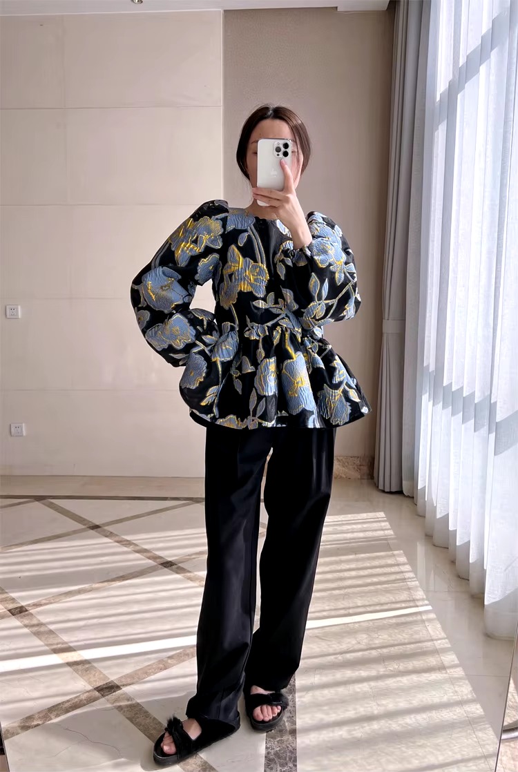 Elegant Floral Designers Metal Jacquard O Neck Ruches A-Line Oversized Peplum Blouse