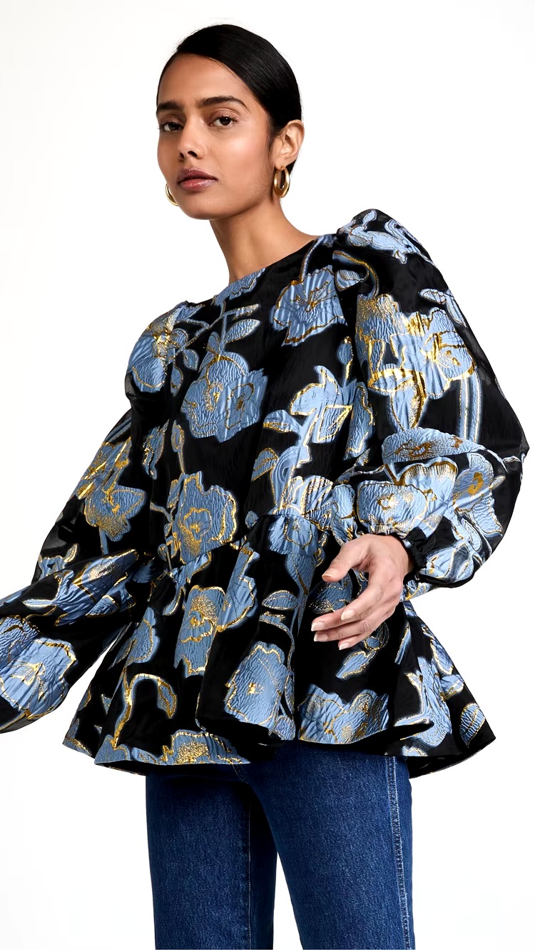 Elegant Floral Designers Metal Jacquard O Neck Ruches A-Line Oversized Peplum Blouse - Image 3