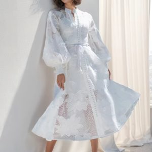 Elegant Floral Embroidery Stand Collar Lantern Sleeve High Waist Patchwork Lace Up Loose Dress