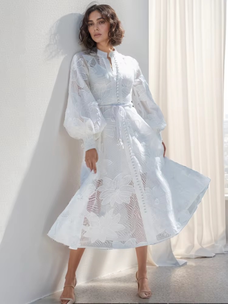 Elegant Floral Embroidery Stand Collar Lantern Sleeve High Waist Patchwork Lace Up Loose Dress