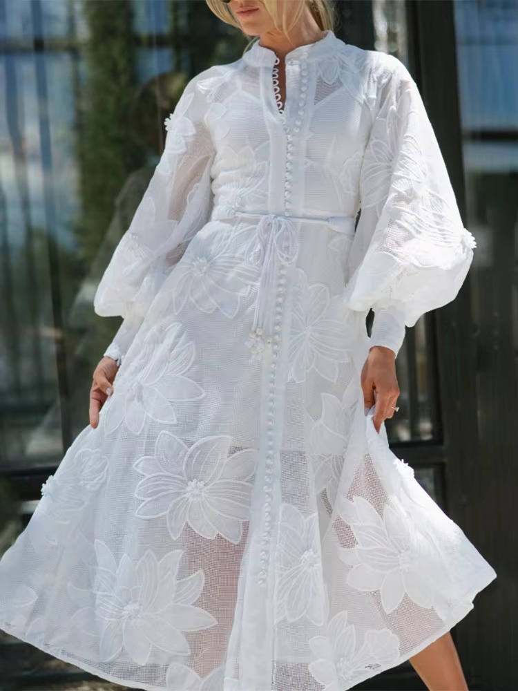 Elegant Floral Embroidery Stand Collar Lantern Sleeve High Waist Patchwork Lace Up Loose Dress - Image 3