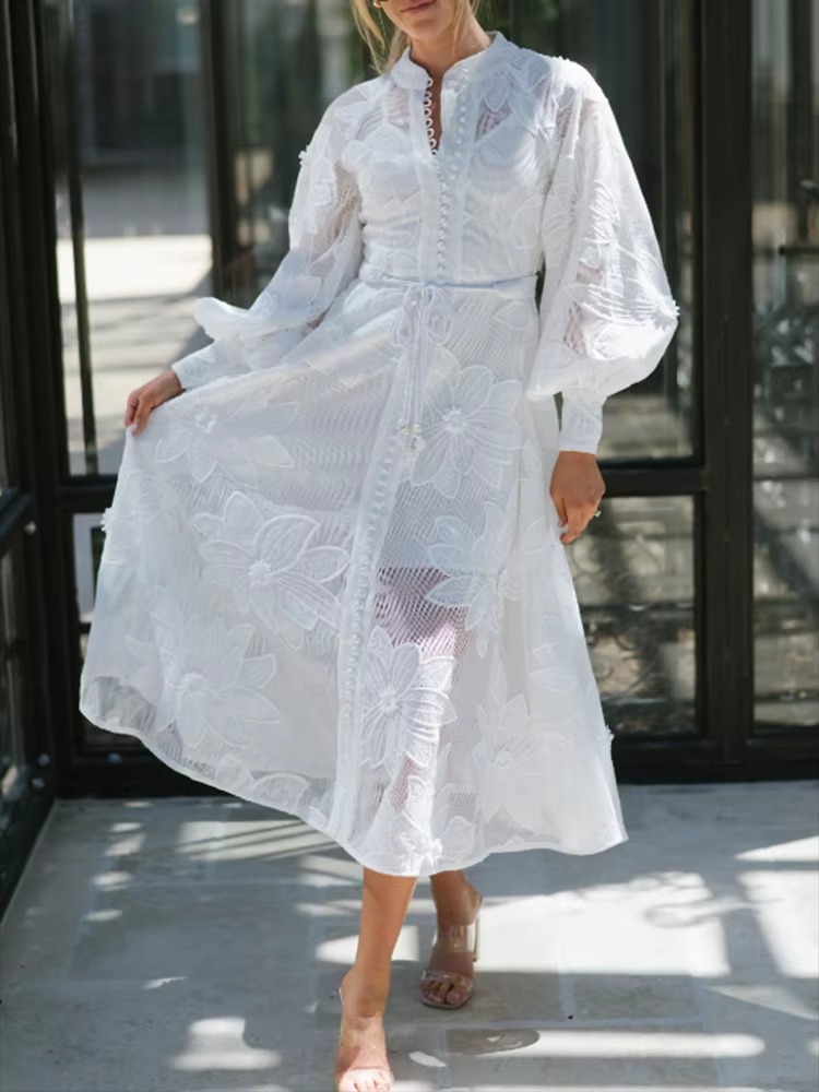 Elegant Floral Embroidery Stand Collar Lantern Sleeve High Waist Patchwork Lace Up Loose Dress - Image 2