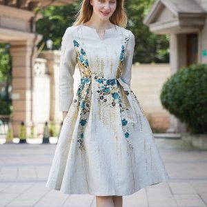 Elegant Floral V-Neck Full Sleeve Natural Waist Party Evening Jacquard Dress