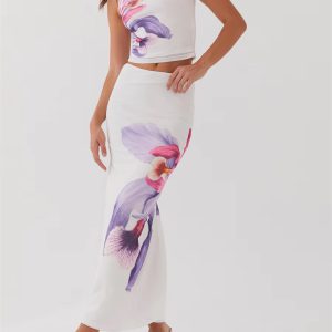Elegant Floral Print Sleeveless Round Neck Crop Tops Long Skirts Party 2 Piece Set