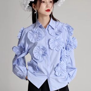Elegant Flower Pleated Turn-down Collar Lapel Long Sleeve Blouse Shirt