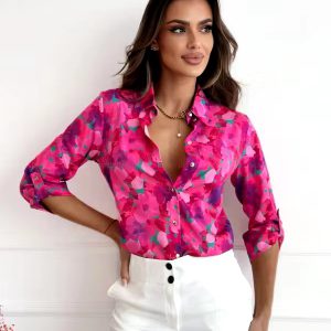 Elegant Flower Print Long Sleeve Regular Fit Blouse Shirt
