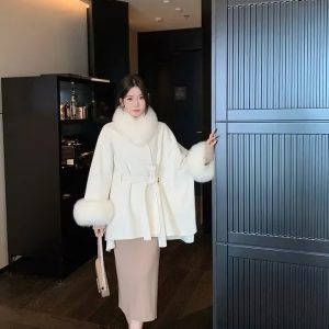 Elegant Fox Fur Collar Nine-quarter Sleeve Long Loose Belt Wool Office Lady Coat