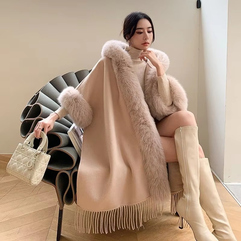 Elegant Fur Cape Thick Warm Poncho Shawl Cloak Loose Fit Mid-length Coats