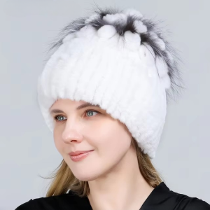 Casual Plaid Fur Real Rex Rabbit Kniting Warm Princess Snow Cap