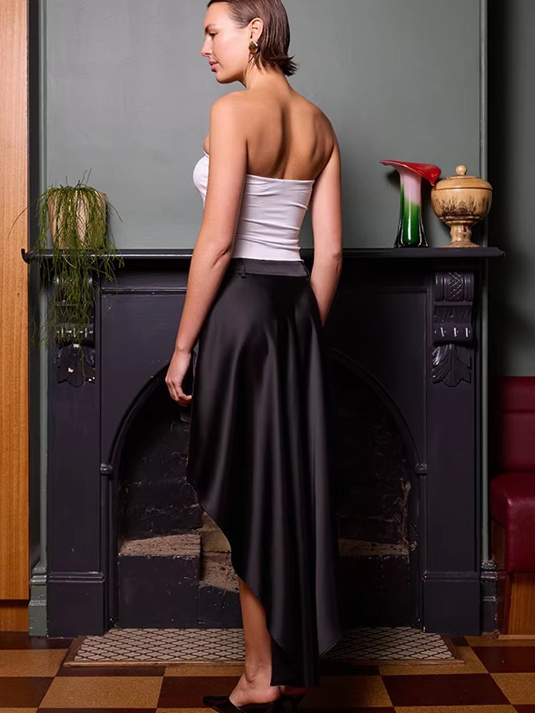 Elegant Irregular Satin High Waist Belt Loops Skirt And Top - Image 3