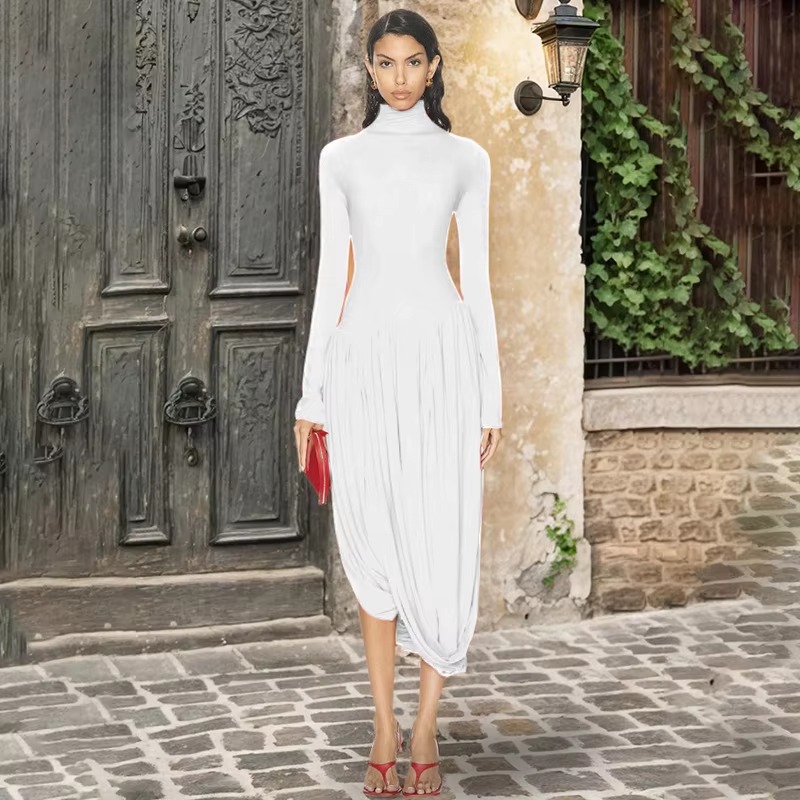 Elegant Irregular Turtleneck Tassel Loose Waist Midi Dress - Image 4