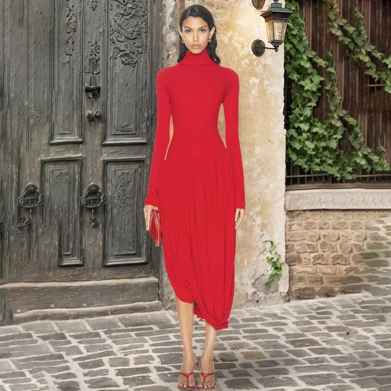 Elegant Irregular Turtleneck Tassel Loose Waist Midi Dress - Image 5