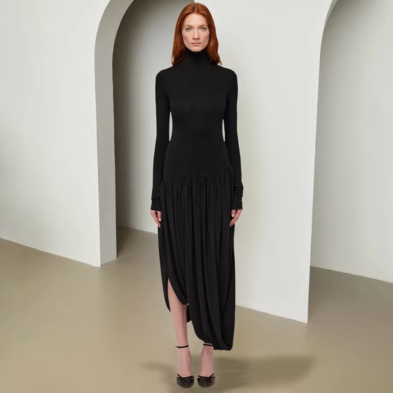 Elegant Irregular Turtleneck Tassel Loose Waist Midi Dress - Image 2