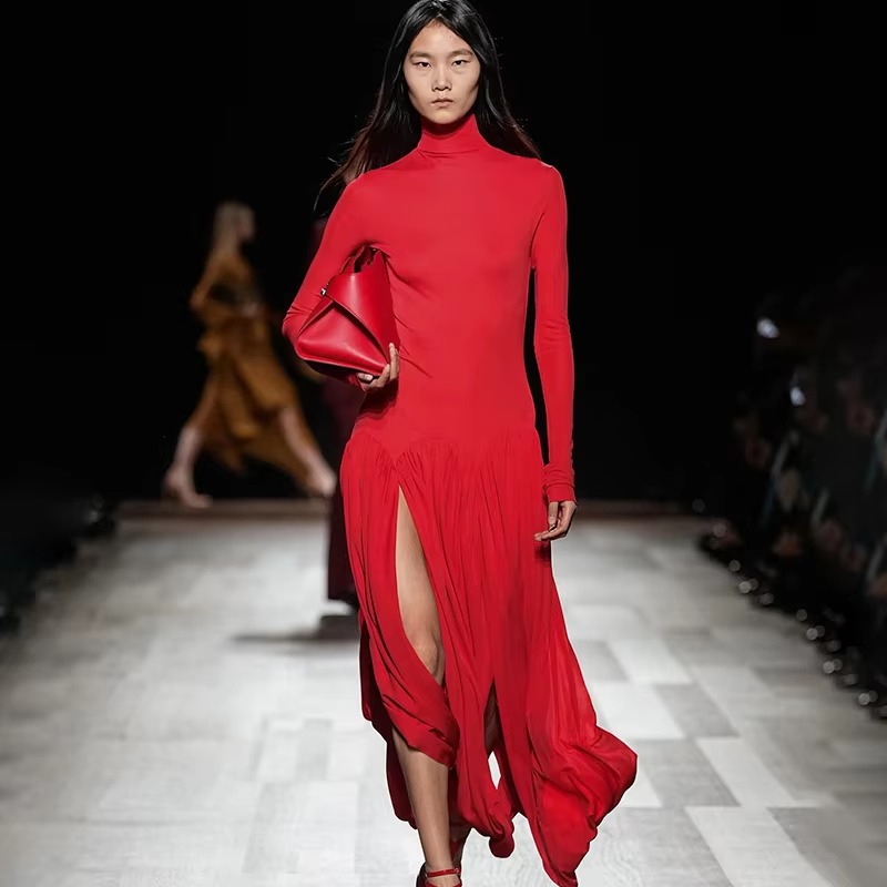 Elegant Irregular Turtleneck Tassel Loose Waist Midi Dress