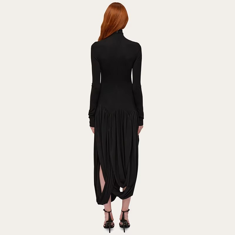 Elegant Irregular Turtleneck Tassel Loose Waist Midi Dress - Image 3