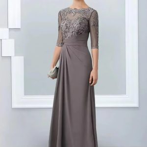 Elegant Jewel Neck Floor Length Chiffon Half Sleeves Appliques Lace Wedding Party Mother of the Bride Gowns