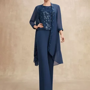 Elegant Jewel Neck Sleeveless Two-piece Sequins Party Mother Of The Bride Wedding Dress