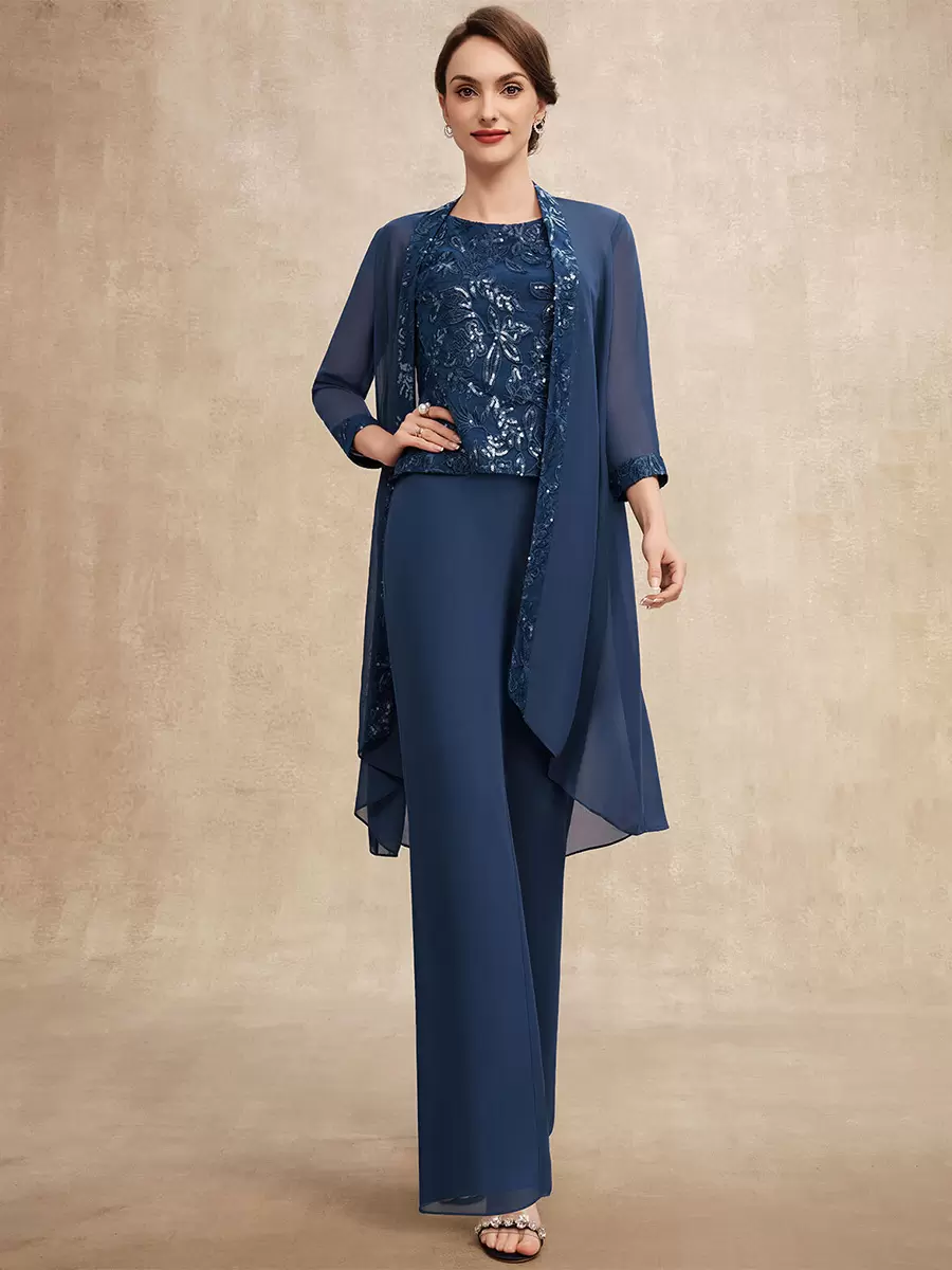 Elegant Jewel Neck Sleeveless Two-piece Sequins Party Mother Of The Bride Wedding Dress