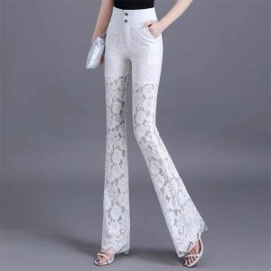 Elegant Lace High Waist Hollow Out Thin Flare Pants