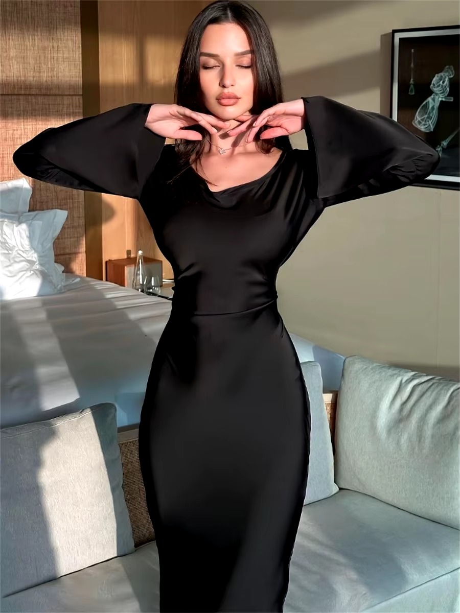 Elegant Lace Up Round Neck Satin Flare Sleeve Slim Maxi Dress - Image 9