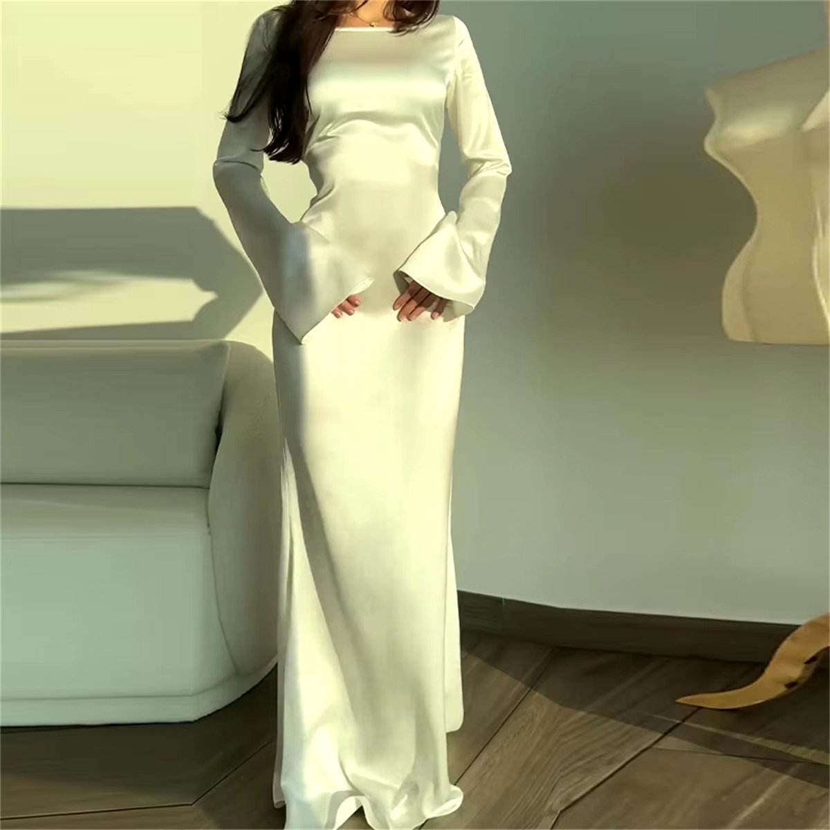 Elegant Lace Up Round Neck Satin Flare Sleeve Slim Maxi Dress - Image 4