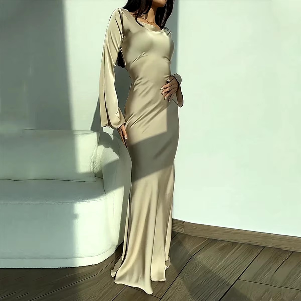 Elegant Lace Up Round Neck Satin Flare Sleeve Slim Maxi Dress - Image 3
