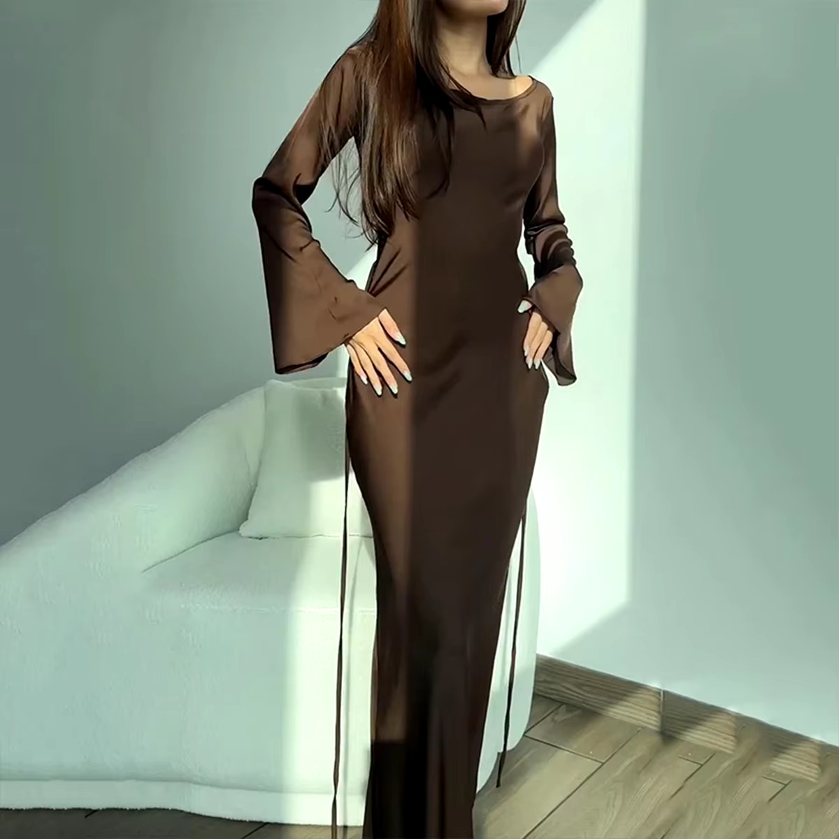 Elegant Lace Up Round Neck Satin Flare Sleeve Slim Maxi Dress - Image 2