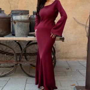 Elegant Lace Up Round Neck Satin Flare Sleeve Slim Maxi Dress