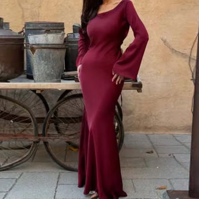 Elegant Lace Up Round Neck Satin Flare Sleeve Slim Maxi Dress