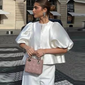 Elegant Lantern Short Sleeve Loose O-neck Satin Ruffle Shirt