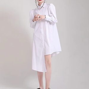 Elegant Lapel Long Puff Sleeve Irregular Hem Midi Shirt Dress