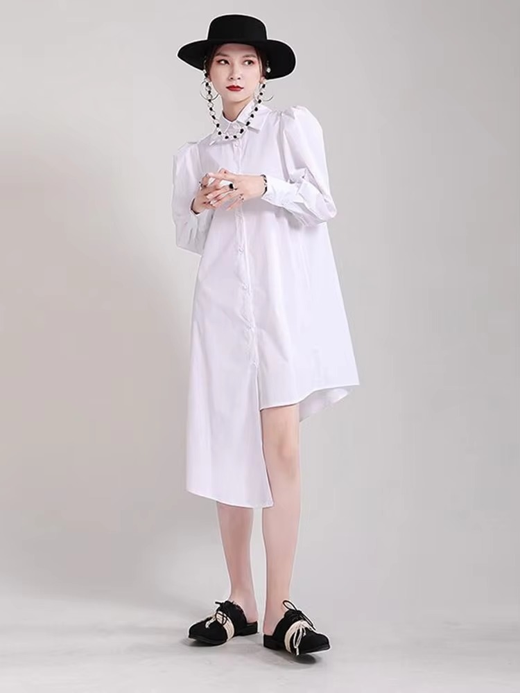 Elegant Lapel Long Puff Sleeve Irregular Hem Midi Shirt Dress