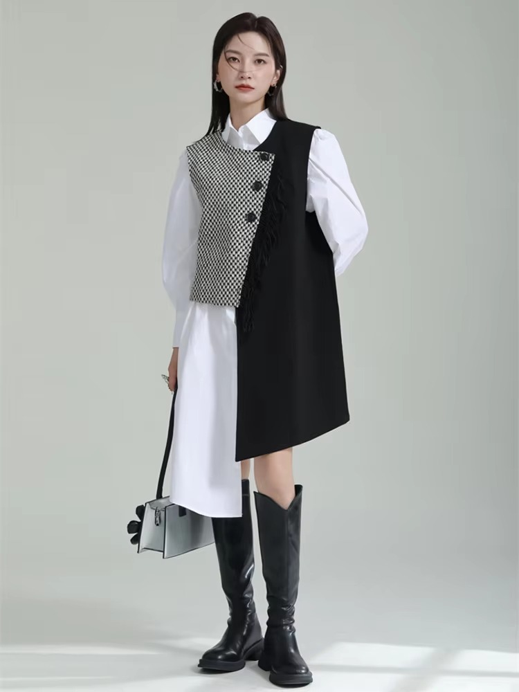 Elegant Lapel Long Puff Sleeve Irregular Hem Midi Shirt Dress - Image 2