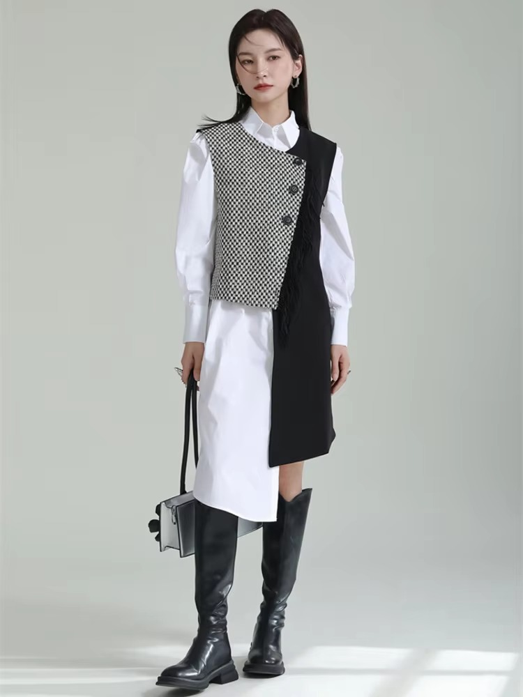 Elegant Lapel Long Puff Sleeve Irregular Hem Midi Shirt Dress - Image 3