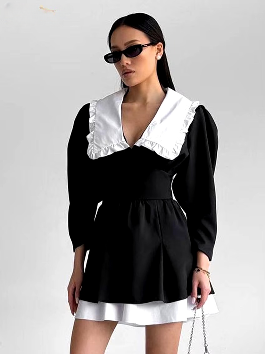 Elegant Lapel Long Sleeve Patchwork Non Stretch Mini Dress - Image 2