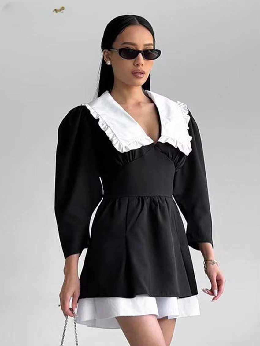 Elegant Lapel Long Sleeve Patchwork Non Stretch Mini Dress - Image 3