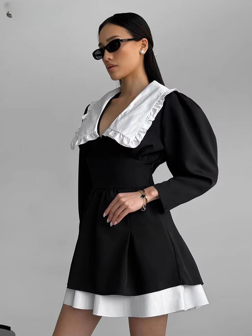 Elegant Lapel Long Sleeve Patchwork Non Stretch Mini Dress - Image 4