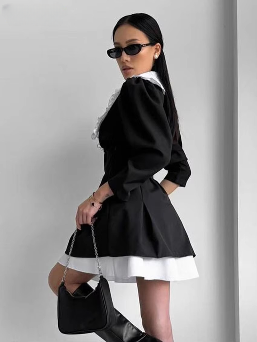 Elegant Lapel Long Sleeve Patchwork Non Stretch Mini Dress - Image 5