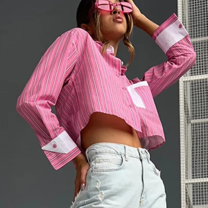 Casual Patchwork Lapel Long Sleeve Loose Stripe Shirt