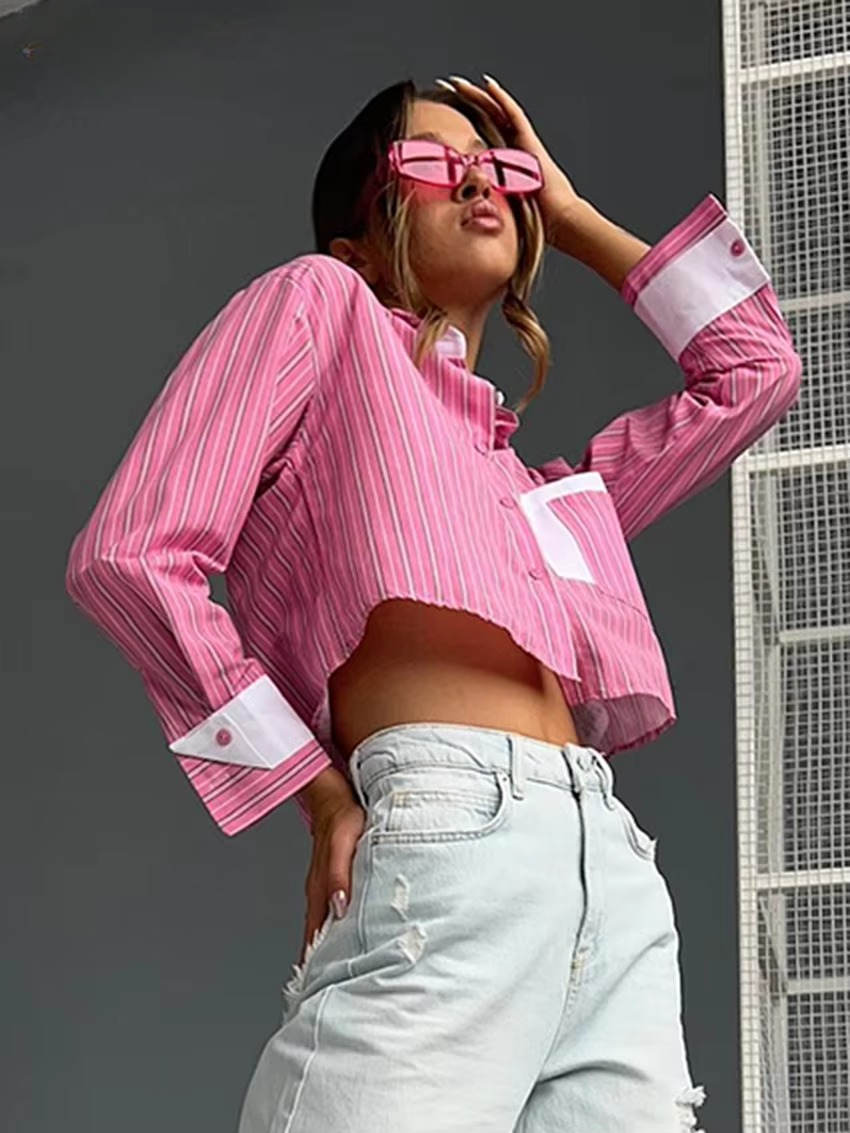 Casual Patchwork Lapel Long Sleeve Loose Stripe Shirt