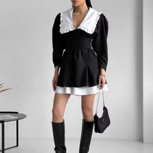 Elegant Lapel Long Sleeve Patchwork Non Stretch Mini Dress
