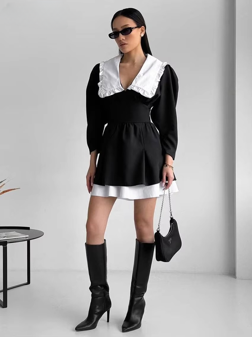 Elegant Lapel Long Sleeve Patchwork Non Stretch Mini Dress
