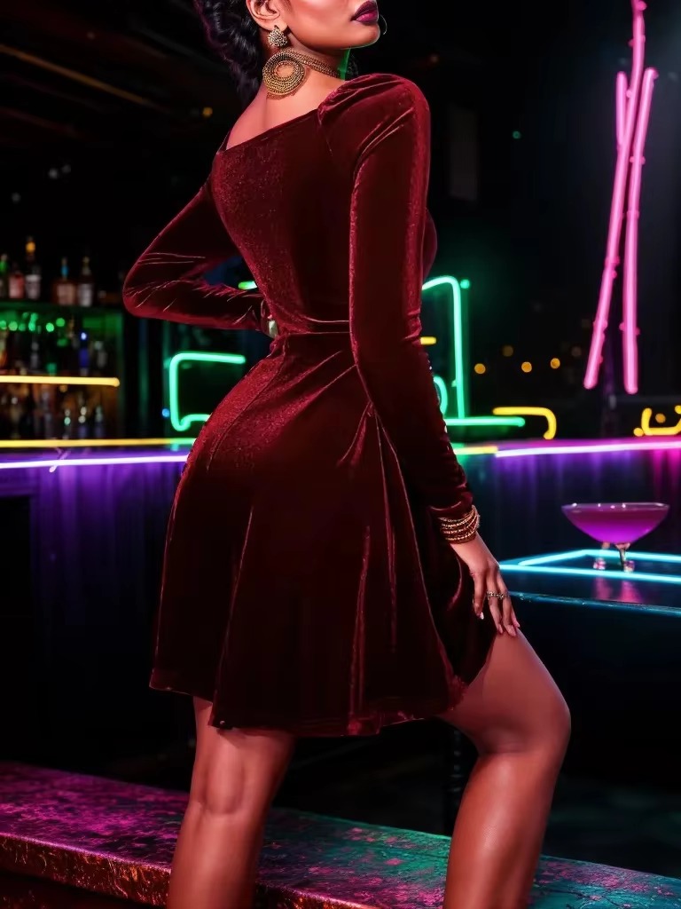 Elegant Long-Sleeved Velvet Slight Stretch Mini Dress - Image 14