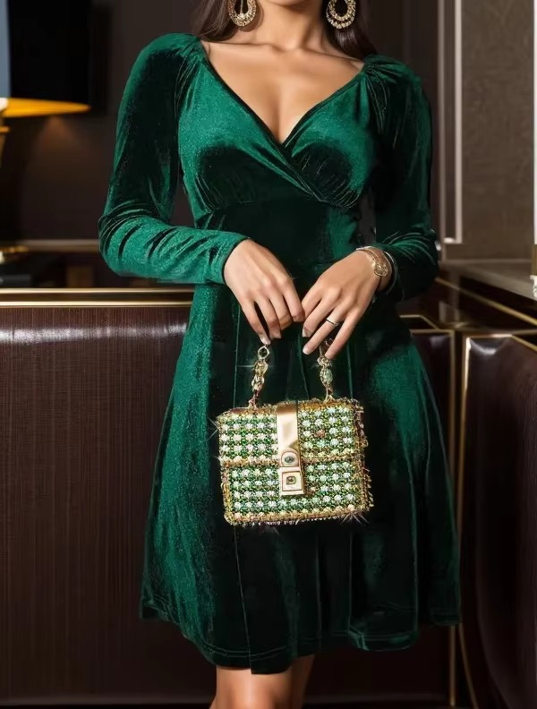 Elegant Long-Sleeved Velvet Slight Stretch Mini Dress - Image 8