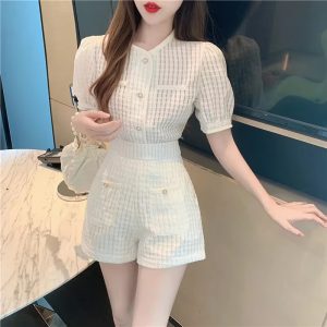 Elegant O-Neck Short puff Sleeve Elastic Waist 2 Piece Set Suit with Shorts