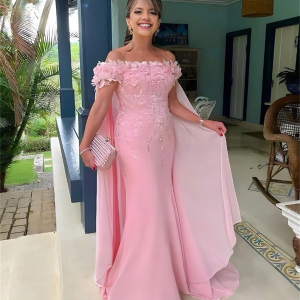 Elegant Off Shoulder Florals Lace Wedding Mermaid Evening Luxury Mother Of The Bride Dress With Cape