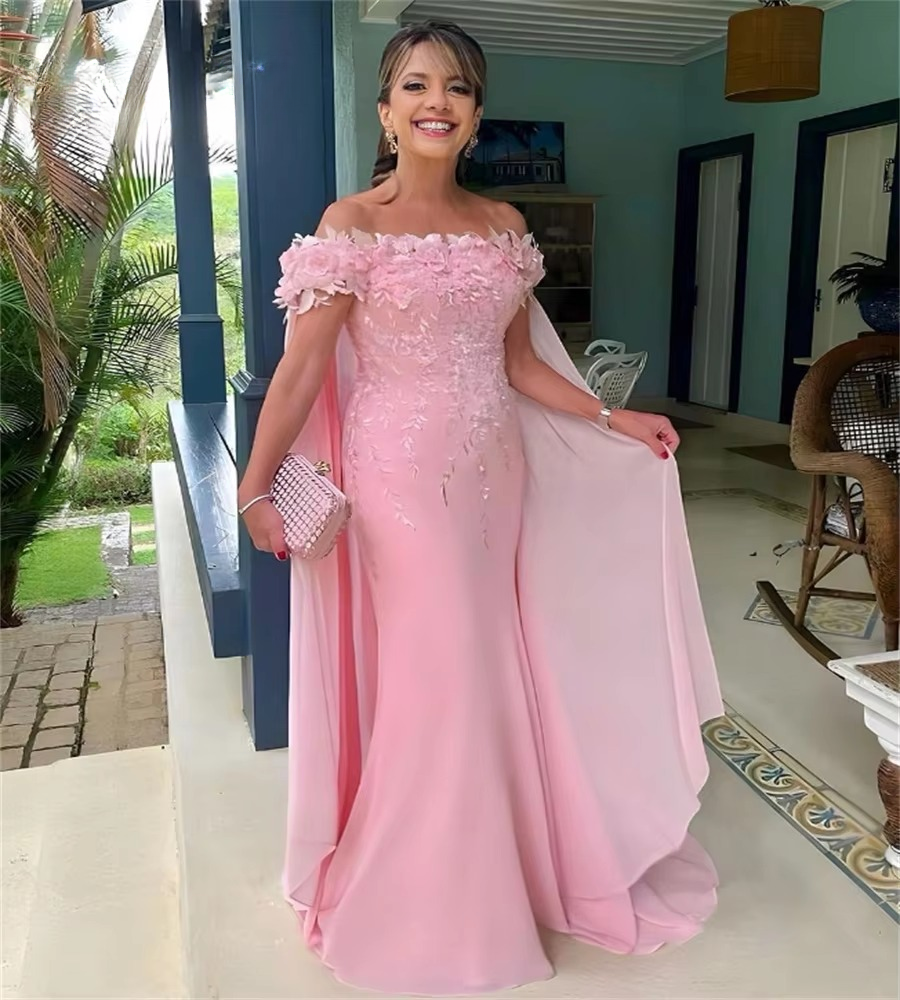 Elegant Off Shoulder Florals Lace Wedding Mermaid Evening Luxury Mother Of The Bride Dress With Cape