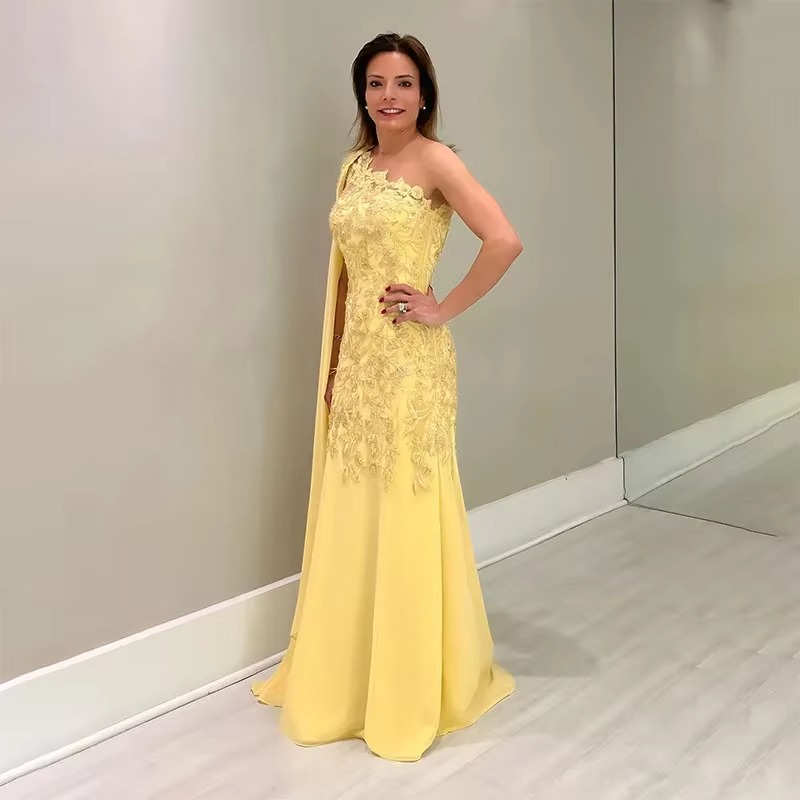 Elegant One Shoulder Lace Appliqued Floor Length Evening Mermaid Mother Of The Bride Wedding Dresses - Image 3